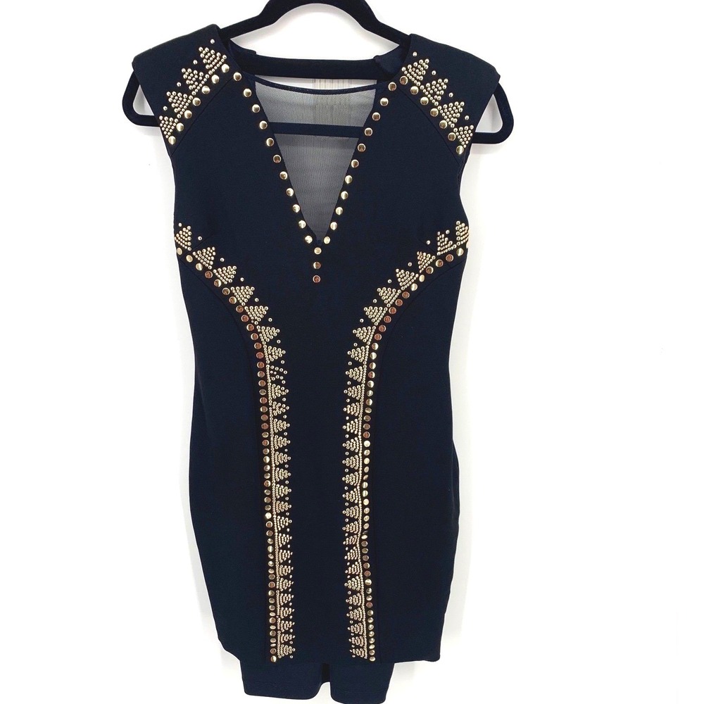 Cache Size 6 Black Studded Bodycon Cocktail Dress Gold Mesh